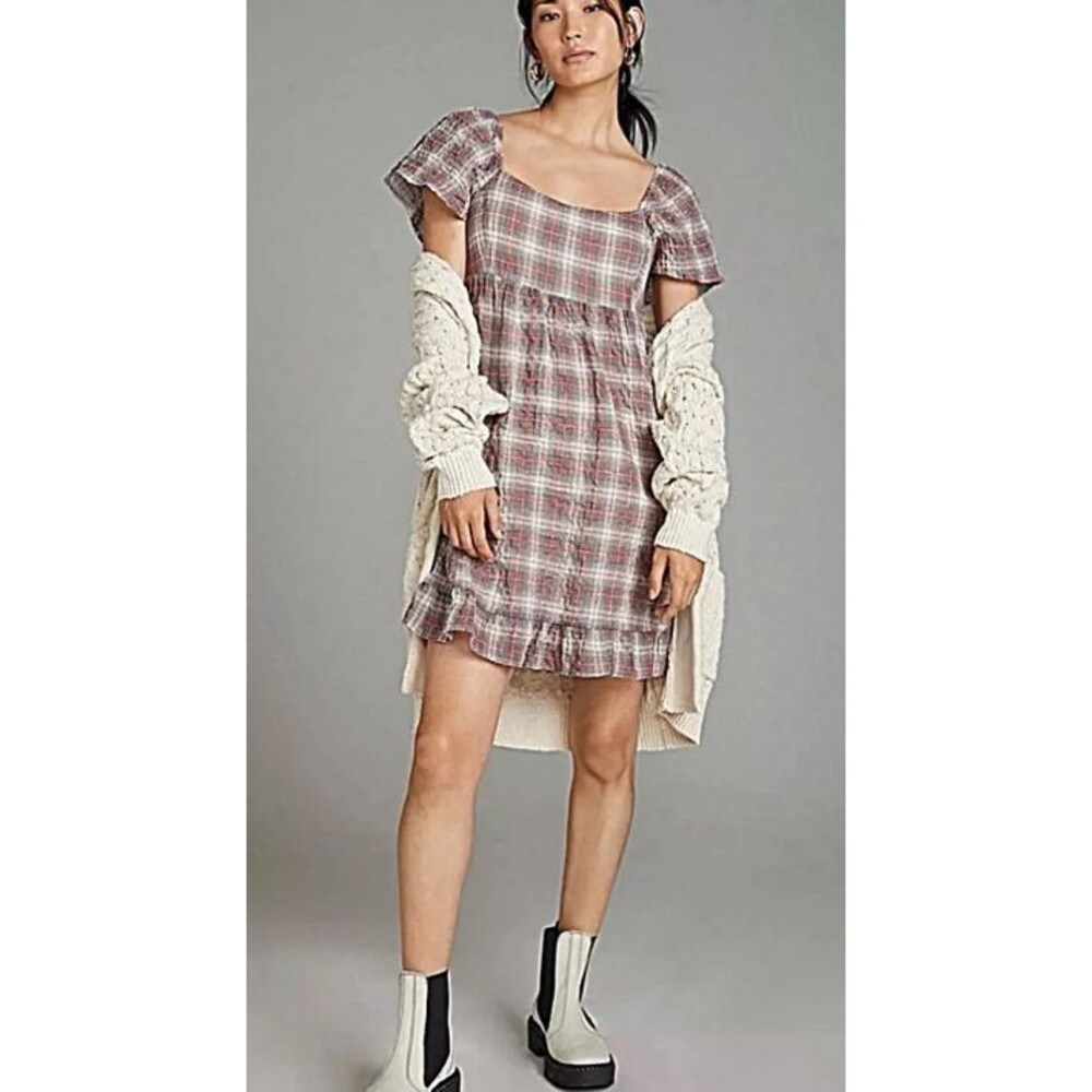 Anthropologie Maeve Flutter Sleeve Mini Dress Plaid Babydoll Square Neck NWT Med